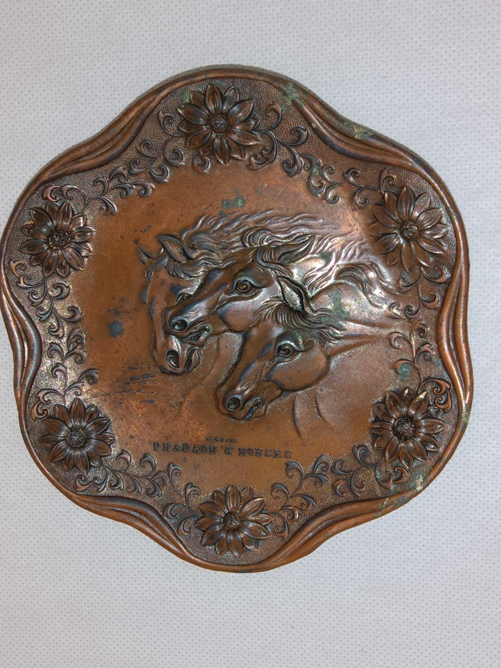 Embossed Copper Horse Plaque with Floral Trim